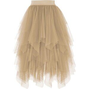 Tulle Champagne for Women High Waist Elastic Midi Skirt Mesh Tutu Skirt